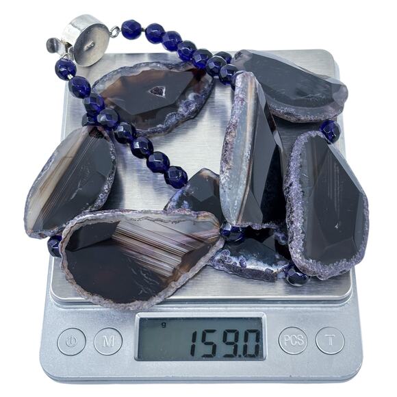 Estate Sterling Silver Black Agate Slice Amethyst Bead Carved Clasp Necklace 21" - Picture 9 of 9